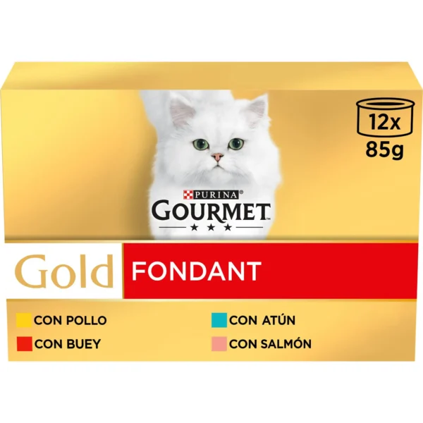 Gourmet Gold Multi Fondant Buey, Atún y Salmón 12x85g - Comida Húmeda para Gatos, Salud Urinaria y Sin Aditivos Artificiales