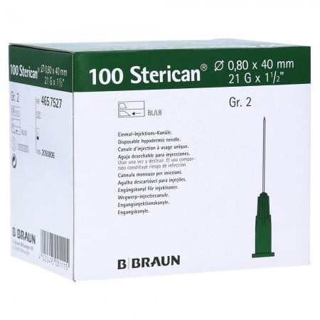 Aguja desechable 0,8/25 21G verde, caja de 100 unidades